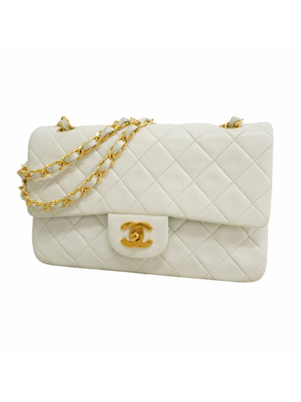 Chanel Shoulder Bag Quilted Lambskin White Gold